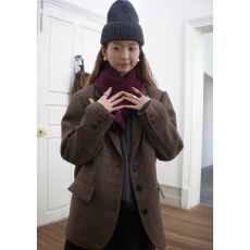 批发HelloooEat 50%羊毛经典人字纹毛呢<b class='q'>西装</b>外套复古单排扣呢子大衣女