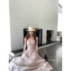 批发板栗可可2.2/20点'浮雕蕾丝'玫瑰蕾丝<b class='q'>提花</b>掐腰显瘦A字吊带长裙女