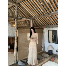 批发黄亮Elovey-方领系带收腰蕾丝花边长袖<b class='q'>连衣裙</b>