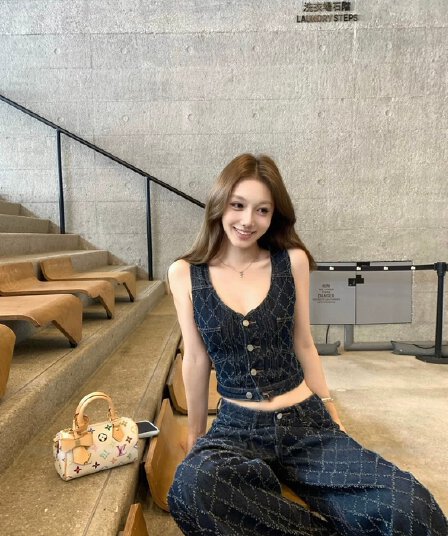 밤나무 코코아 bankelili 고대 복장 링 그리드 원색 링 그리드 자수 데님 베스트 데님 스트레이트 팬츠 여성