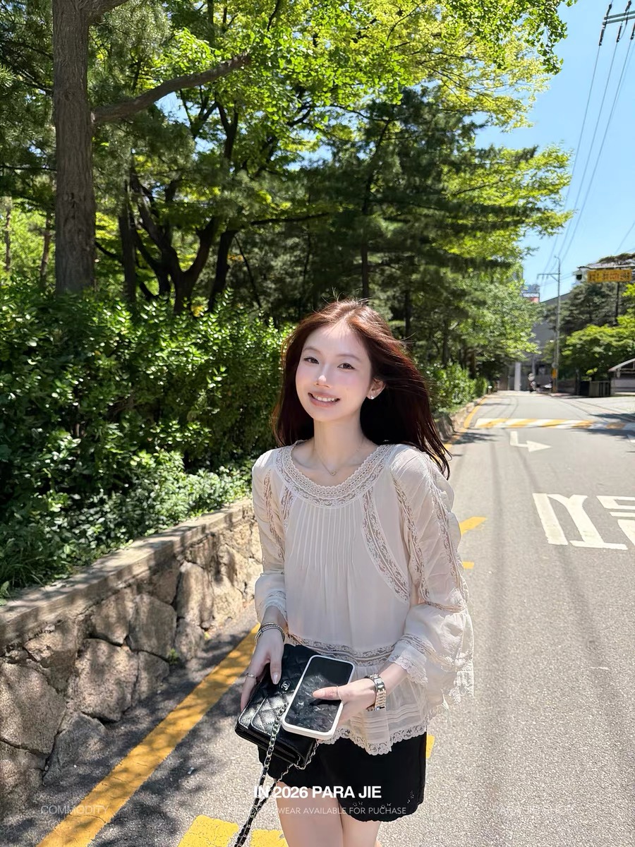 para jie 시 지에 6 15 늦게 20 점 켜기 새로운 romantic blouse 프랑스식 레이스 면 짧은 셔츠