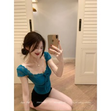 批发美的恶狼 小飞袖方领<b class='q'>蕾丝</b>抽绳吊带<b class='q'>背心</b><b class='q'>上衣</b>