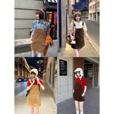 批发WearKeki 长袜子皮皮 复古灯芯绒背带连衣裙<b class='q'>女</b>收腰显瘦a字短裙
