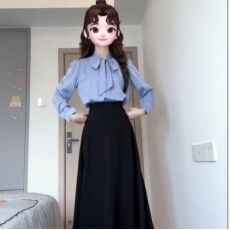 批发蓝色蝴蝶结衬衫女长袖春<b class='q'>秋</b>职业正装教师穿搭公务员事业编面试套装