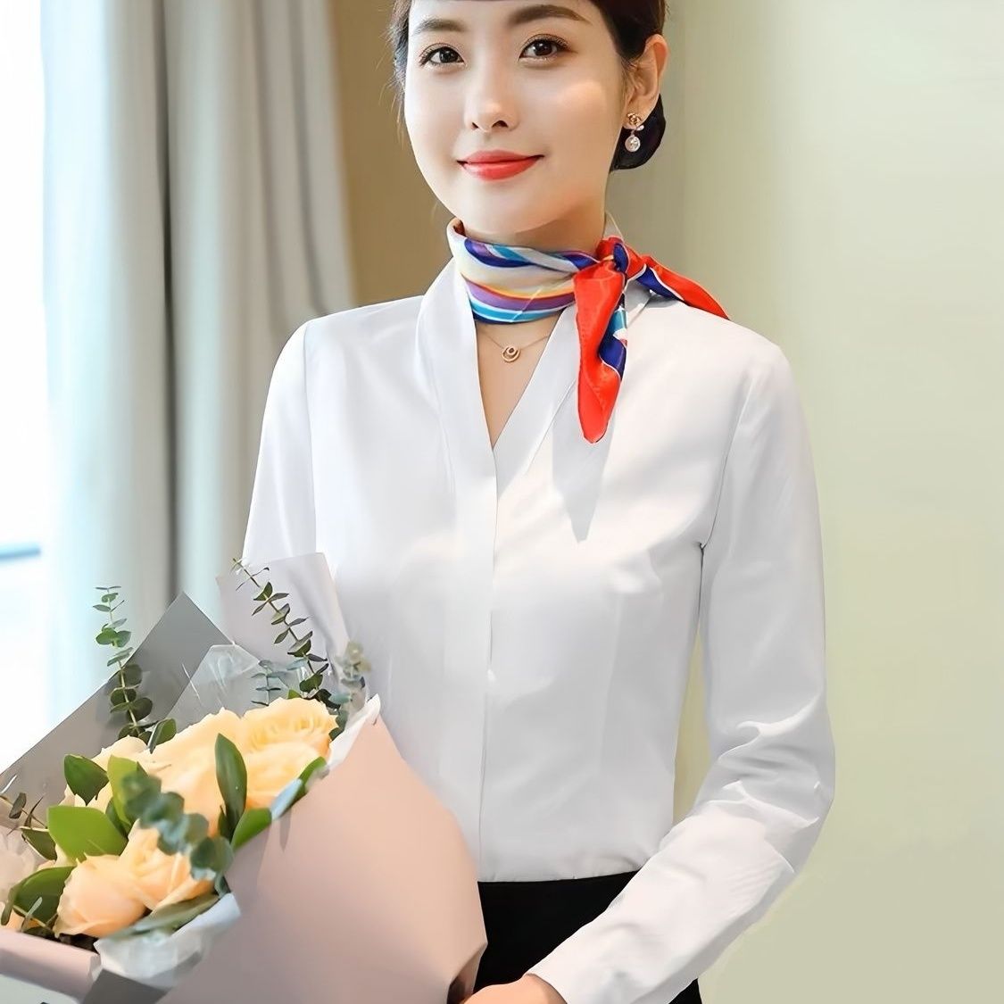 새로운 항공 여주인 경력 V넥 면접 흰 셔츠 품격 워크웨어 셔츠 긴팔 긍정적 인 로드 중 빈 곱하기 작업복 유니폼