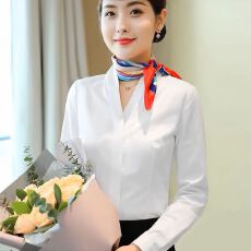 批发新款空姐<b class='q'>职业</b>V领面试白衬衫气质工装衬衣长袖正装空乘工作服制服