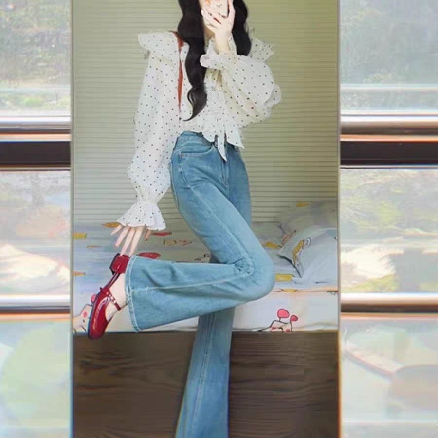 도트 무늬 프릴 긴팔 셔츠 데님 와이드 레그 팬츠 투피스 세트