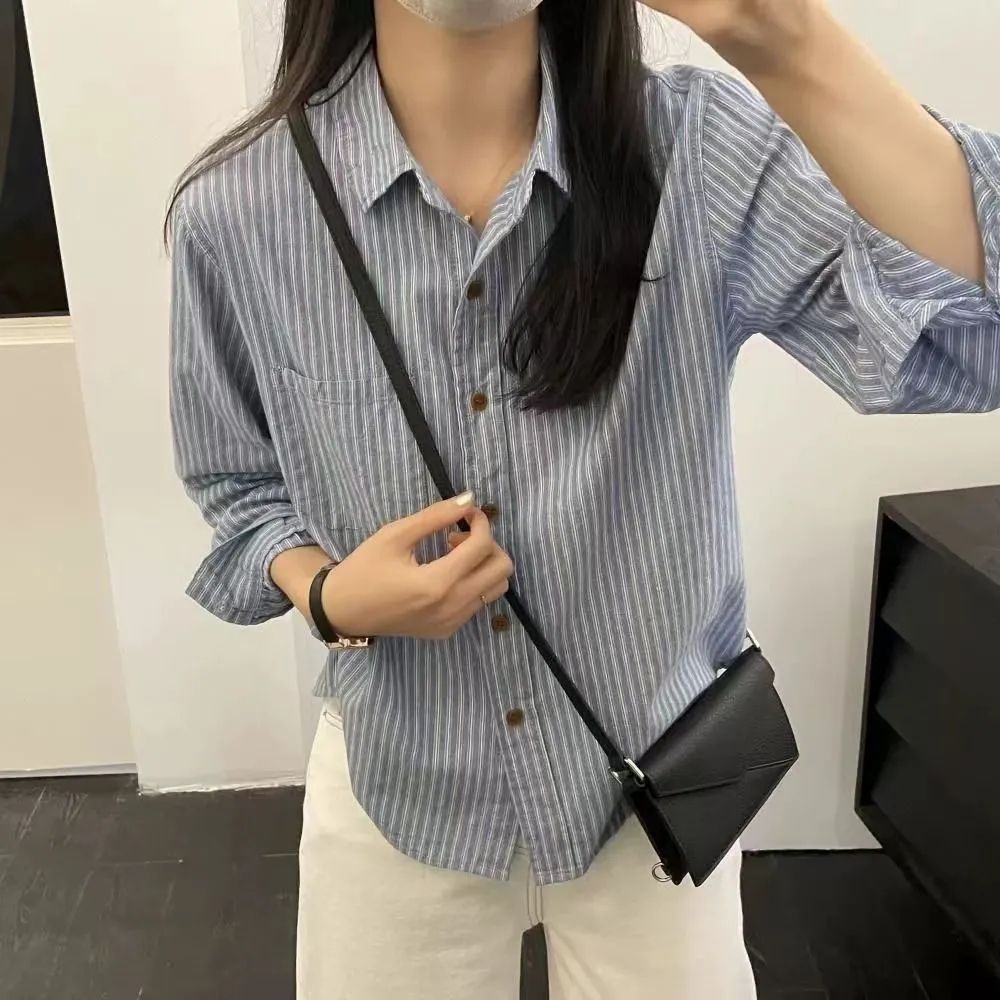 작은 키 스트라이프 셔츠 다용도 봄 가을 레트로 긴팔 맨위