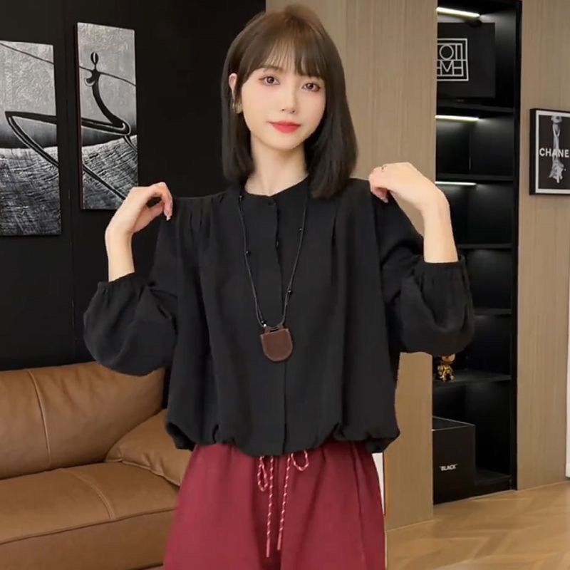 미니멀리즘 패션 외국 가스 긴팔 라운드 넥 셔츠