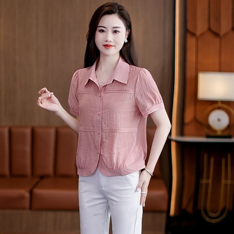 패션 POLO 칼라 반팔 여성 셔츠 2025 여름 새로운 디자인 센스 연령 감소 캐주얼 쇼트 스타일 셔츠 루즈핏 맨위