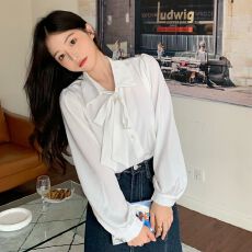 批发超软四面弹 蝴蝶结衬衫女设计感小众新款春别致高级感长袖<b class='q'>OL</b>上衣