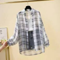 批发韩版夏季薄款透视装格子衬衫<b class='q'>休闲</b>宽松百搭防晒衣女上衣<b class='q'>外套</b>衬衣潮