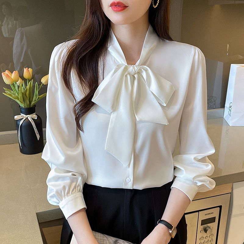 화이트 여성 셔츠 경력 긍정적 인 로드 중 봄 가을 나비 매듭 긴팔 쉬폰 블라우스 품격 교 자본금 면접 맨위 셔츠