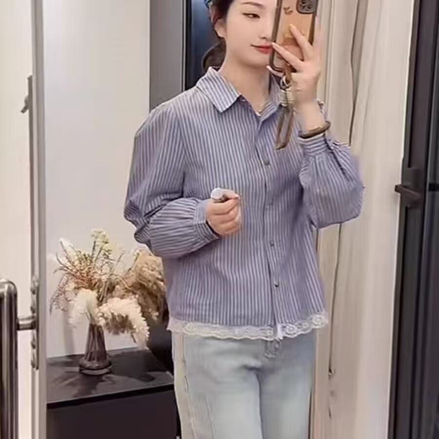 레이스 레이스 스트라이프 여성 셔츠 봄 2026 새로운 한국 스타일 루즈핏 고급 센스 작은 키 셔츠 맨위