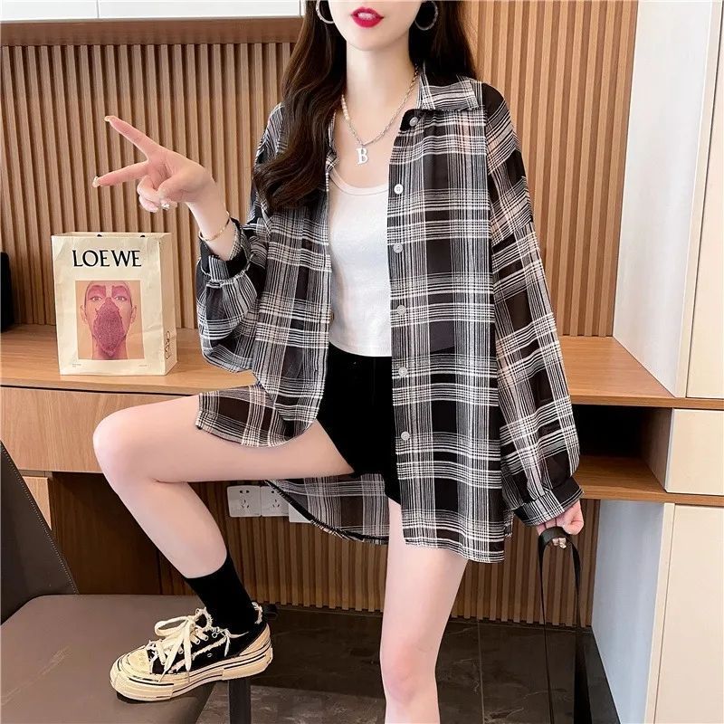 자외선 차단 의류 여름 여성 루즈핏 디지털 프린트 체크무늬 긴팔 쉬폰 셔츠 오픈 가디건 얇은 스타일 재킷