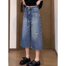 批发FYQ---美式复古七分裤女夏季薄款童趣小狗刺绣阔腿<b class='q'>牛仔裤</b>