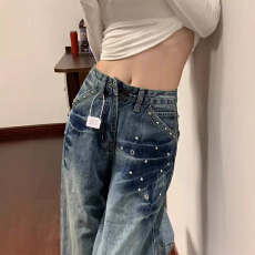 批发FYQ美式复古蓝<b class='q'>钉珠</b>阔腿裤女早春新款今年流行高腰宽松显瘦直筒