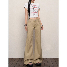 批发FYQ--卡其色微喇美式牛仔裤子<b class='q'>女</b>复古辣妹遮胯显瘦喇叭<b class='q'>裤</b>