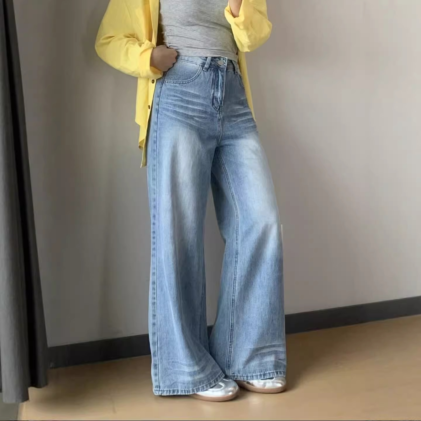하늘색 레트로 넓은 다리 청바지 여성 봄 여름 배 모양 몸 표지 넓적 다리 하이웨이스트 슬림해 보이는 마 오래된 스트레이트 긴 바지