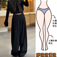 批发FYQ---早秋新款女梨型身材<b class='q'>百搭</b>拼接斜边屁帘阔腿休闲西裤