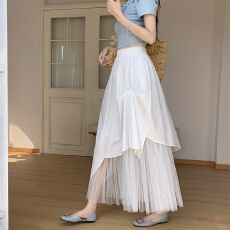 批发假两件网纱<b class='q'>不规则</b><b class='q'>半身裙</b>女松紧腰中长款层次感褶皱遮胯显瘦A字裙