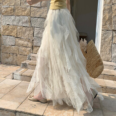 批发蕾丝荷叶边设计感<b class='q'>不规则</b>网纱<b class='q'>半身裙</b>女春夏甜美高腰显瘦蛋糕裙长裙