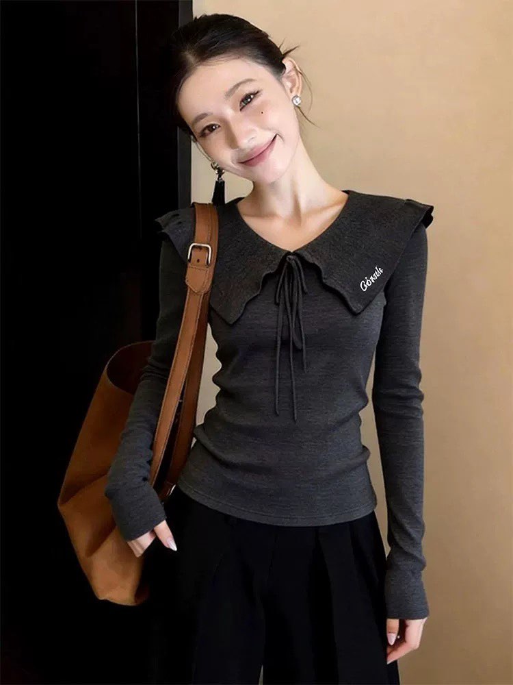 회색 v 종류 폴로 칼라 나비 넥타이 몸매 가꾸기 긴팔 티셔츠 인사이드 가져 가라. 기본 셔츠 여성 봄 한 첨부 된 의류