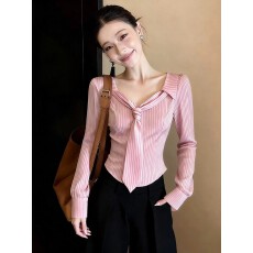 批发法式粉色<b class='q'>条纹</b>V领系带长袖<b class='q'>衬衫</b>女春季修身显瘦气质短款上衣