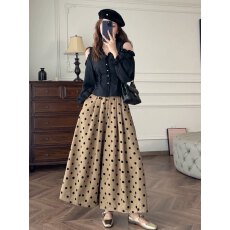 批发26<b class='q'>春</b> 复古高级感高腰咖色波点卡其色阔腿裙裤