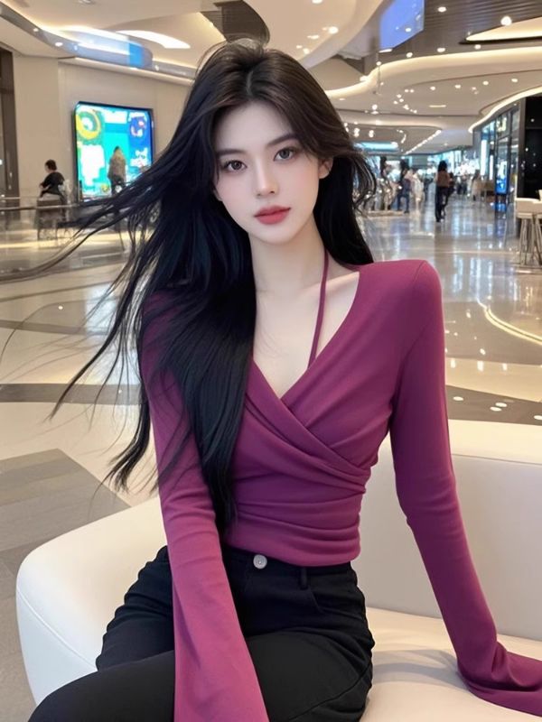 순수한 욕망 바람 V넥 십자가 행침 목 긴팔 티셔츠 여성 가을 겨울 품격 세련된 보라색 로얄 자매 맨위