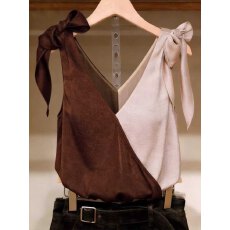 批发双面抓皱光影<b class='q'>缎面</b>｜双色拼接交叉V领系带点缀宽松上衣