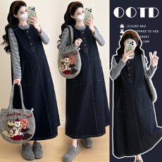 批发实拍 春季百搭条纹上衣+韩版宽松休闲<b class='q'>牛仔</b><b class='q'>背心</b>裙孕妇两件套装