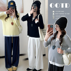 批发实拍 秋季韩系假两件撞色潮妈百搭休闲针织衫 多色可选