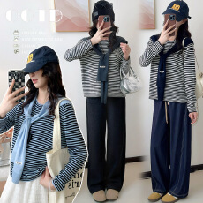 批发实拍 秋冬<b class='q'>韩版</b>宽松miu系条纹针织衫带披肩潮妈上衣