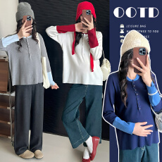 批发实拍 秋季韩系撞色百搭孕妈高弹针织衫 多色可选