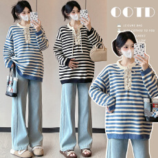 批发实拍 秋冬韩版宽松休闲条纹<b class='q'>百搭</b>孕妈针织毛衣