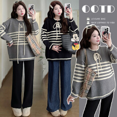 批发实拍 秋冬韩系宽松休闲<b class='q'>百搭</b>条纹针织上衣孕妈毛衣