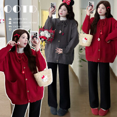 批发实拍 冬季加厚宽松减龄小花毛衣外套+打底衫+裤子潮妈三件套