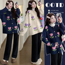 批发实拍 冬季宽松加厚韩系花朵毛衣外套+打底衫+裤子潮妈三件套