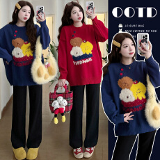 批发实拍 秋冬韩系加厚卡通小狗毛衣+抽绳裤潮妈减龄套装