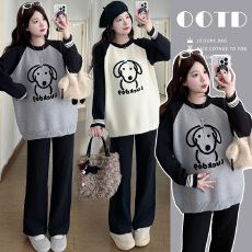 实拍 秋冬韩系趣味小狗撞色毛衣+抽绳裤孕妈两件套