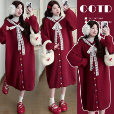 实拍 冬季加厚保暖宽松甜美蕾丝拼接韩系长款毛衣孕妈显白外套