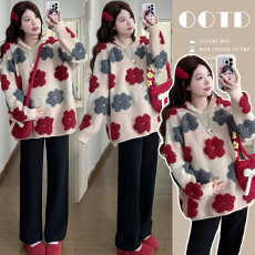 实拍 冬季加厚重工毛巾绣法式花朵毛衣+抽绳裤孕妈两件套