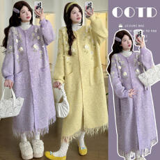 实拍 冬季舒适打底衫+加厚宽松法式立体花流苏毛衣长外套孕妈套装