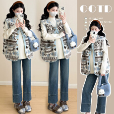 批发实拍 冬季加厚<b class='q'>百搭</b>针织衫+费尔岛羊羔毛马甲孕妈两件套