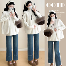 批发实拍 冬季加厚韩系针织衫+简约<b class='q'>百搭</b>羊羔毛马甲孕妈两件套