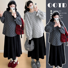 批发实拍 冬季法式波点宽松针织毛衣+抽绳百褶半身裙孕妈气质套装