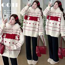 实拍 冬季加厚韩系毛领针织毛衣外套+打底衫+裤子潮妈三件套