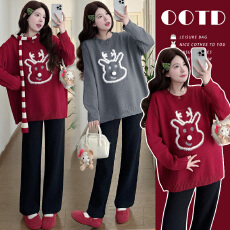 实拍 冬季韩版宽松圣诞小鹿针织毛衣+抽绳裤孕妈两件套