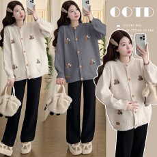 实拍 冬季韩版宽松趣味小兔针织毛衣开衫外套+抽绳裤孕妈套装